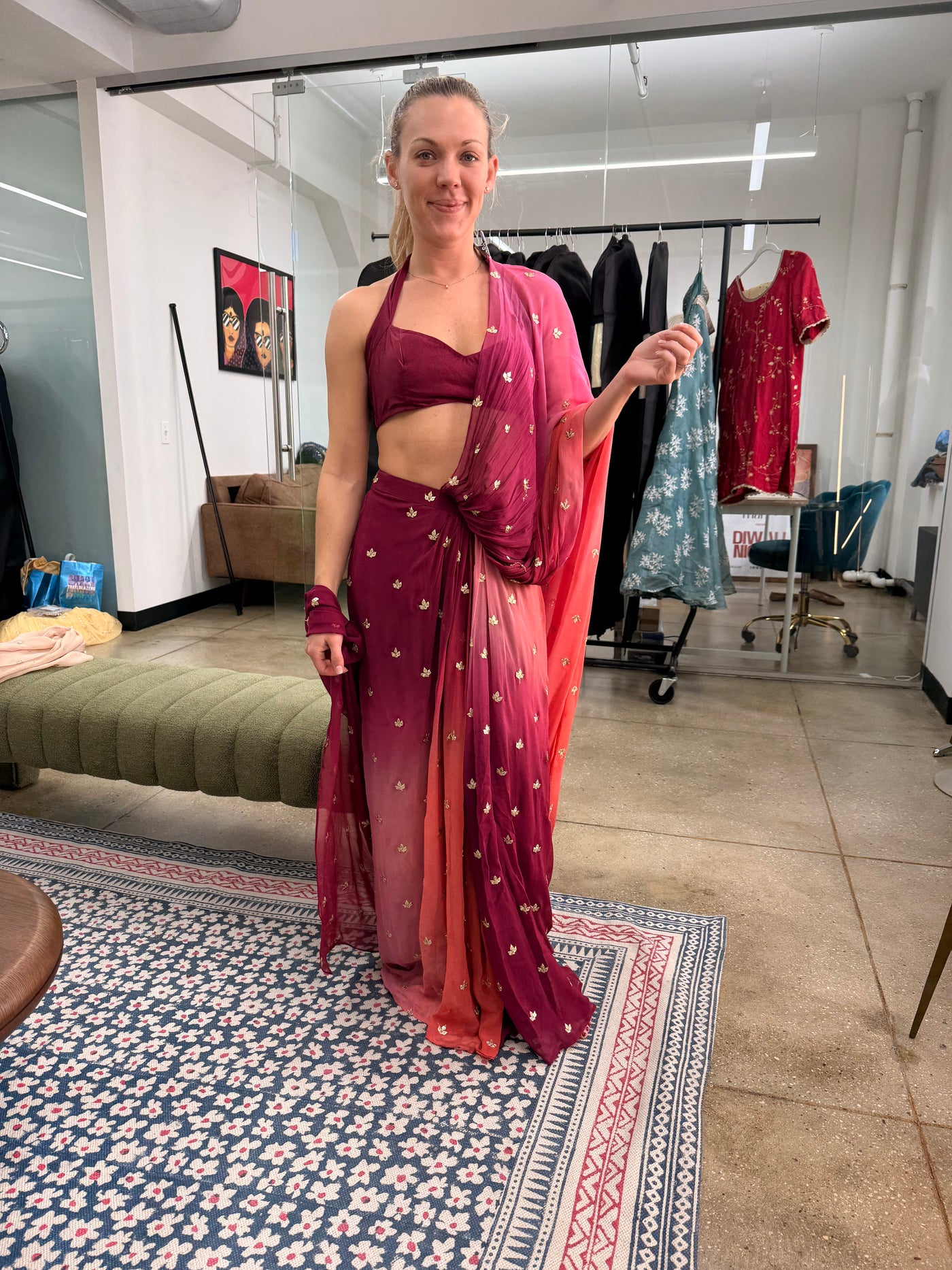 Ombre pink-purple pre drape saree
