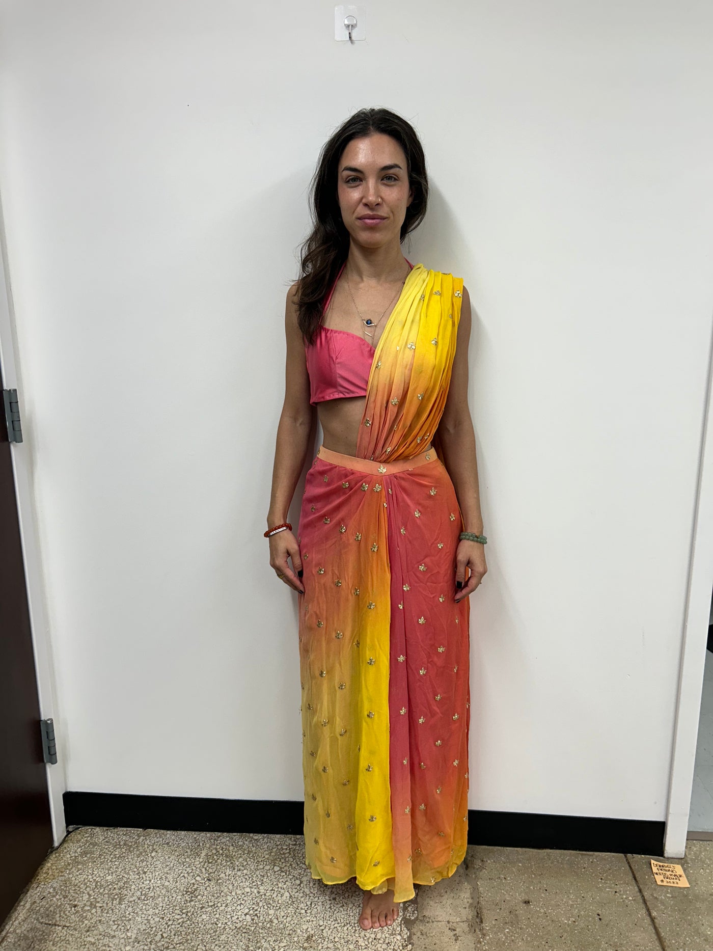 Ombre pink-orange pre drape saree