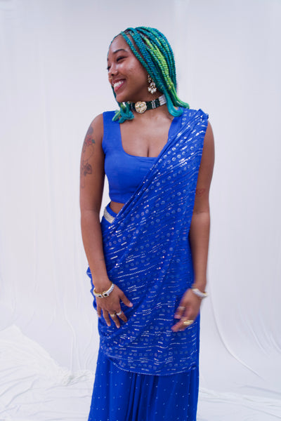 Manisha Blue pre-stitch saree (Rental)