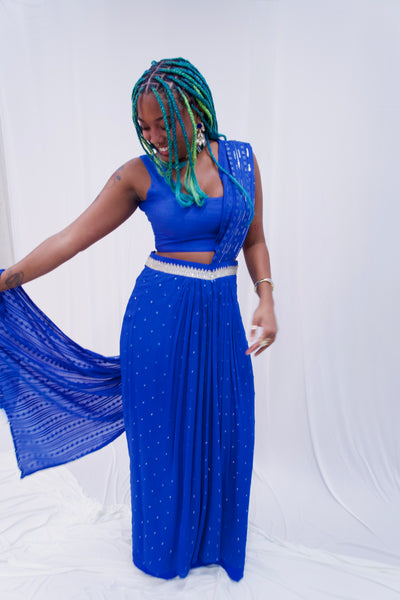 Manisha Blue pre-stitch saree (Rental)